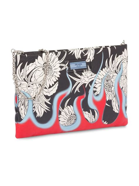 prada clutch leather flame floral printed red black multicolor|Prada floral.